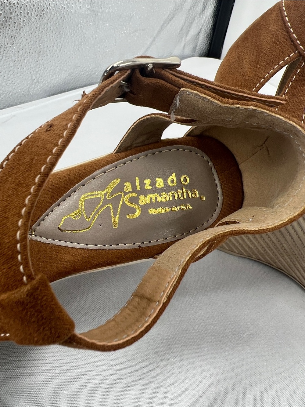 Brown Suede T-Strap Wedge Sandals - Picture 3 of 5